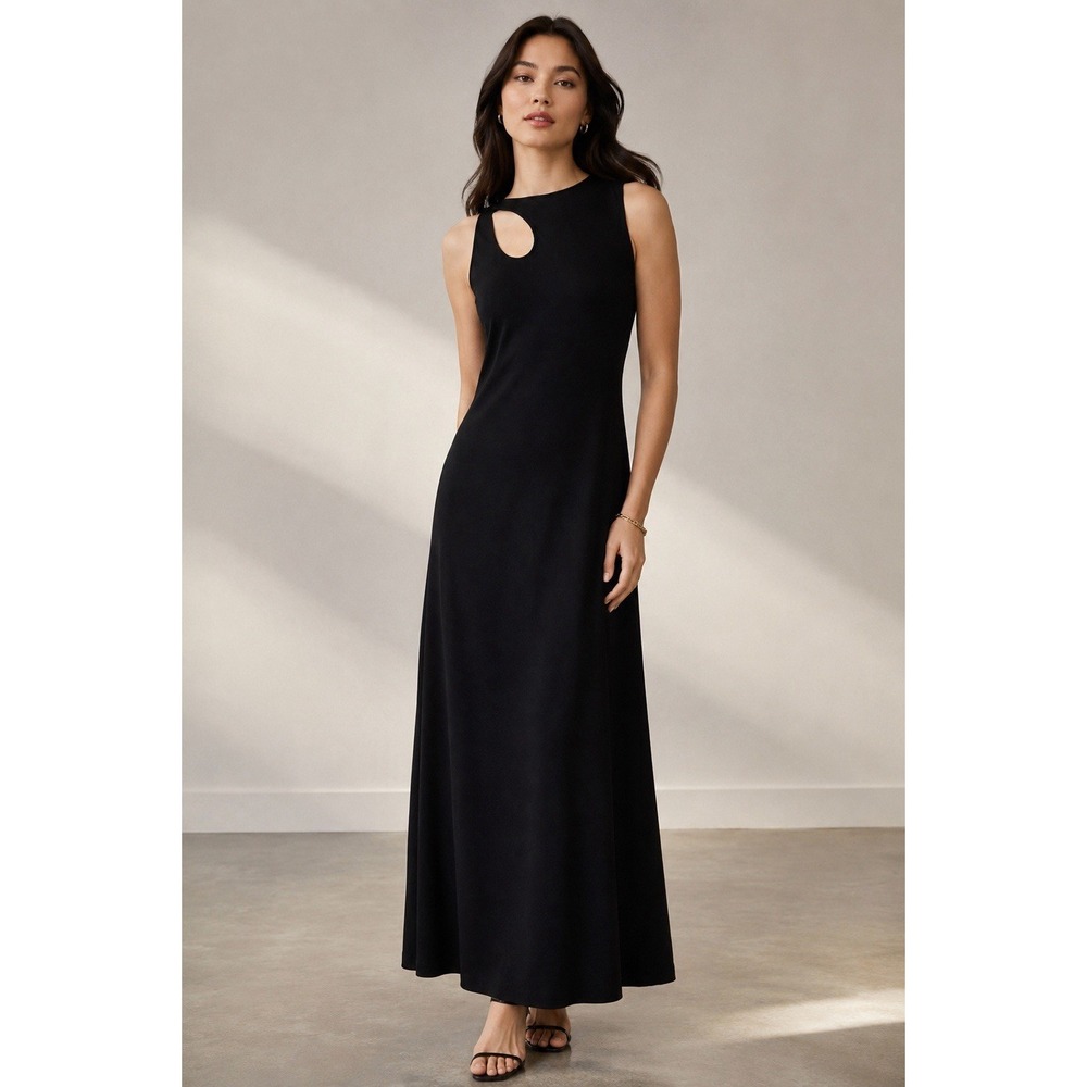 Calvin Klein Size 6 Black Maxi Dress Asymmetric Cutout Stretch Knit Sleeveless
